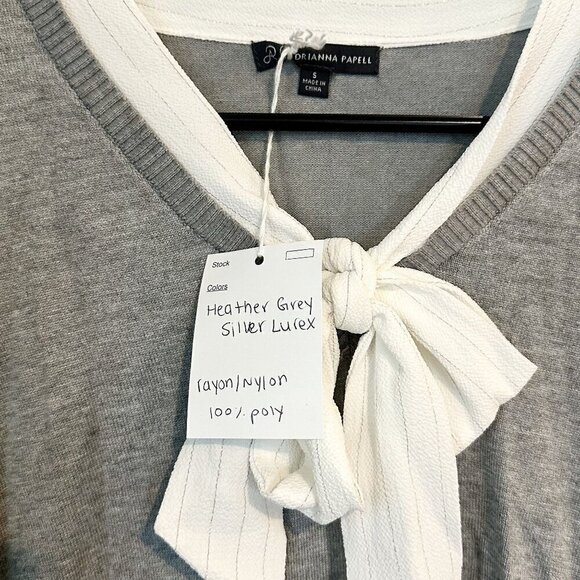 NWT Adrianna Papell Heather Gray Silver Lurex Sweater Faux Button Up Bow Detail - Picture 4 of 6